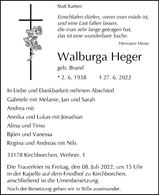 Traueranzeige von Walburga Heger von Westfalen-Blatt