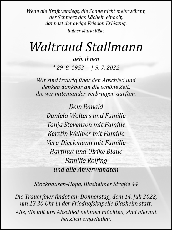 Traueranzeige von Waltraud Stallmann von Westfalen-Blatt