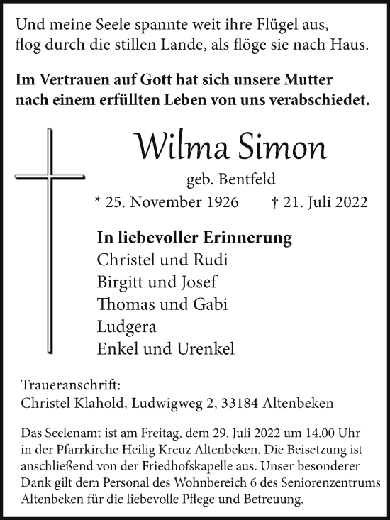 Traueranzeige von Wilma Simon von Westfalen-Blatt