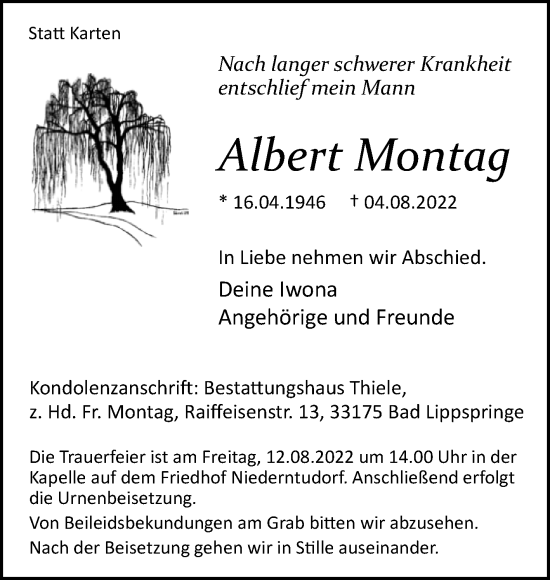 Traueranzeige von Albert Montag von Westfalen-Blatt