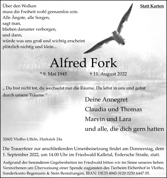 Traueranzeige von Alfred Fork von Westfalen-Blatt