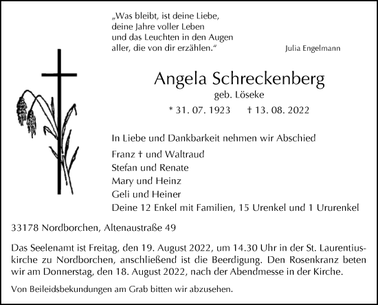 Traueranzeige von Angela Schreckenberg von Westfalen-Blatt