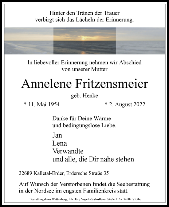 Traueranzeige von Annelene Fritzensmeier von Westfalen-Blatt