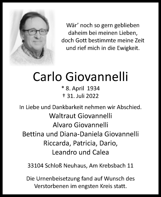 Traueranzeige von Carlo Giovannelli von Westfalen-Blatt