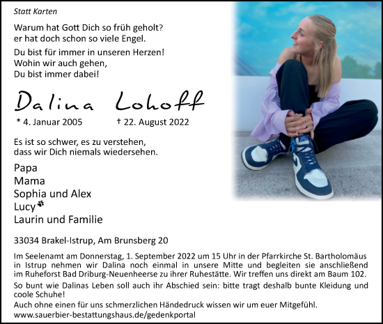 Traueranzeige von Dalina Lohoff von Westfalen-Blatt