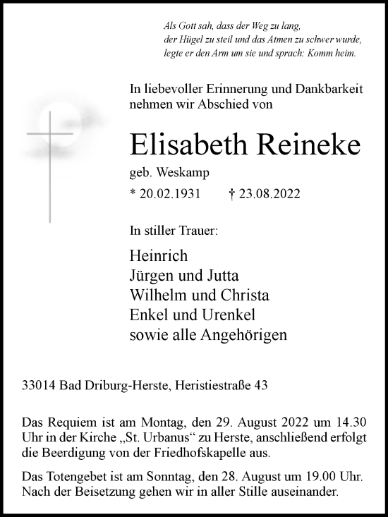 Traueranzeige von Elisabeth Reineke von Westfalen-Blatt