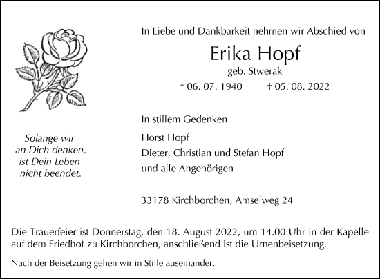 Traueranzeige von Erika Hopf von Westfalen-Blatt