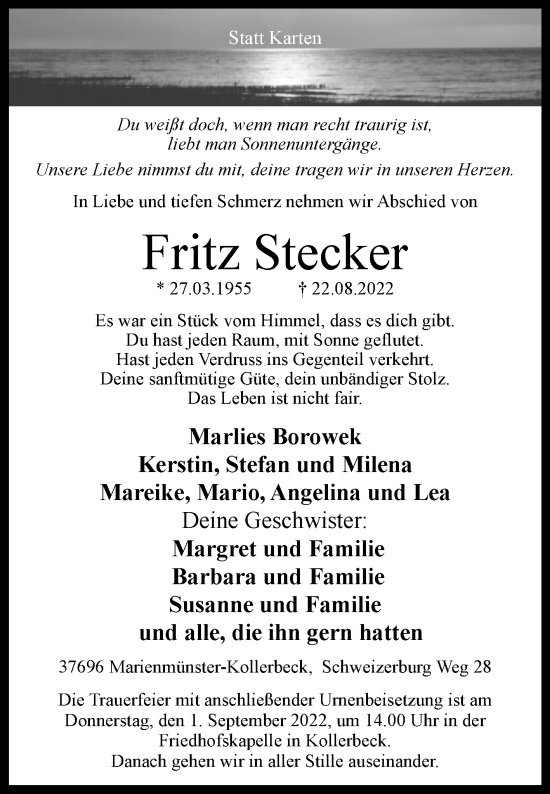 Traueranzeige von Fritz Stecker von Westfalen-Blatt