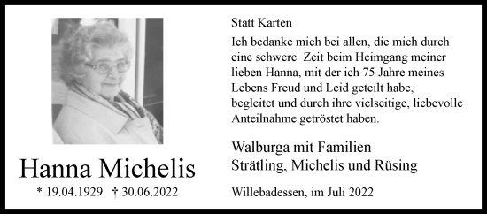 Traueranzeige von Hanna Michelis von Westfalen-Blatt