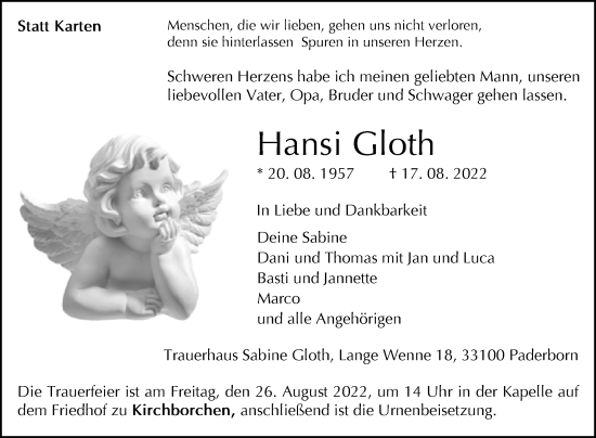 Traueranzeige von Hansi Gloth von Westfalen-Blatt