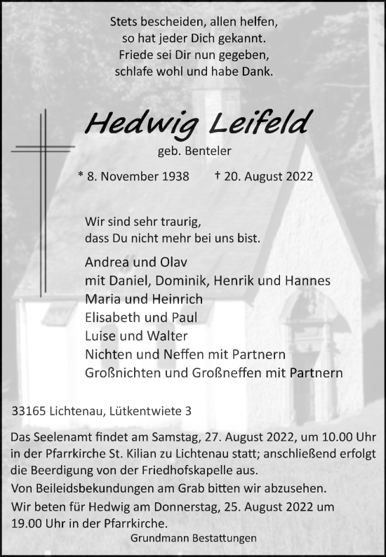 Traueranzeige von Hedwig Leifeld von Westfalen-Blatt