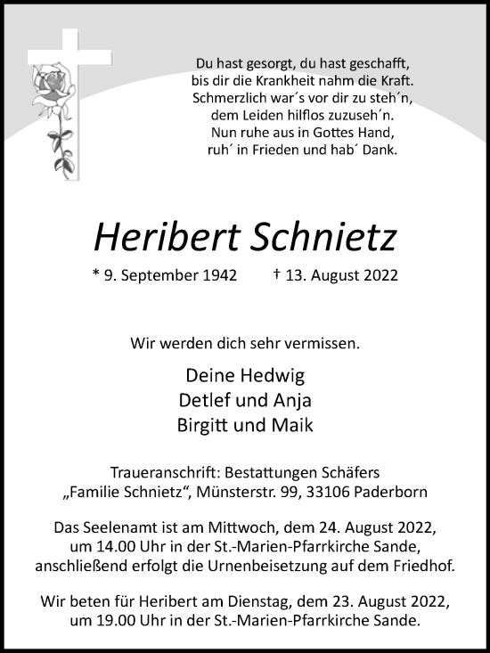 Traueranzeige von Heribert Schnietz von Westfalen-Blatt