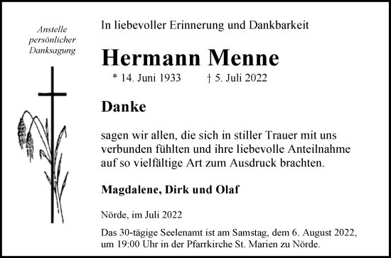 Traueranzeige von Hermann Menne von Westfalen-Blatt