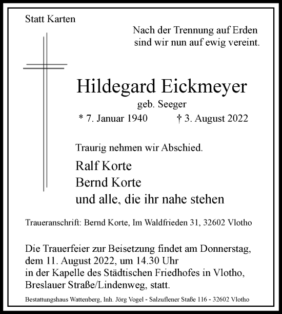 Traueranzeige von Hildegard Eickmeyer von Westfalen-Blatt