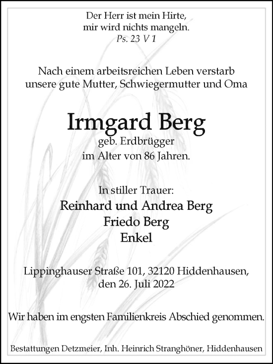 Traueranzeige von Irmgard Berg von Westfalen-Blatt