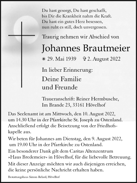 Traueranzeige von Johannes Brautmeier von Westfalen-Blatt