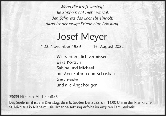 Traueranzeige von Josef Meyer von Westfalen-Blatt