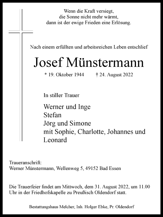 Traueranzeige von Josef Münstermann von Westfalen-Blatt