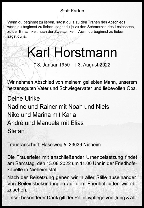 Traueranzeige von Karl Horstmann von Westfalen-Blatt