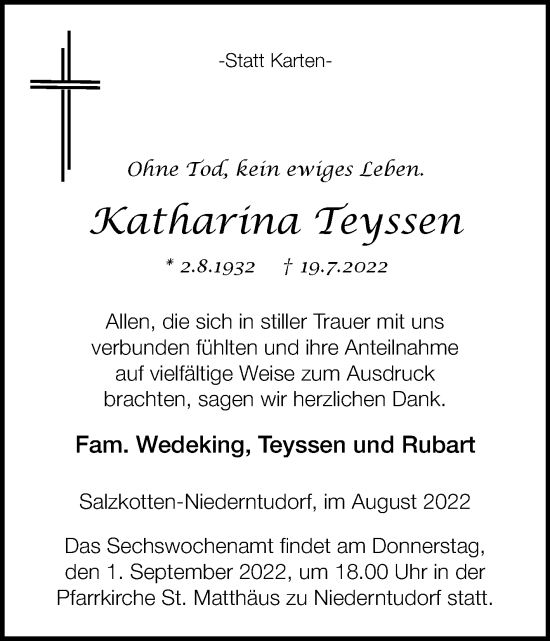 Traueranzeige von Katharina Teyssen von Westfalen-Blatt