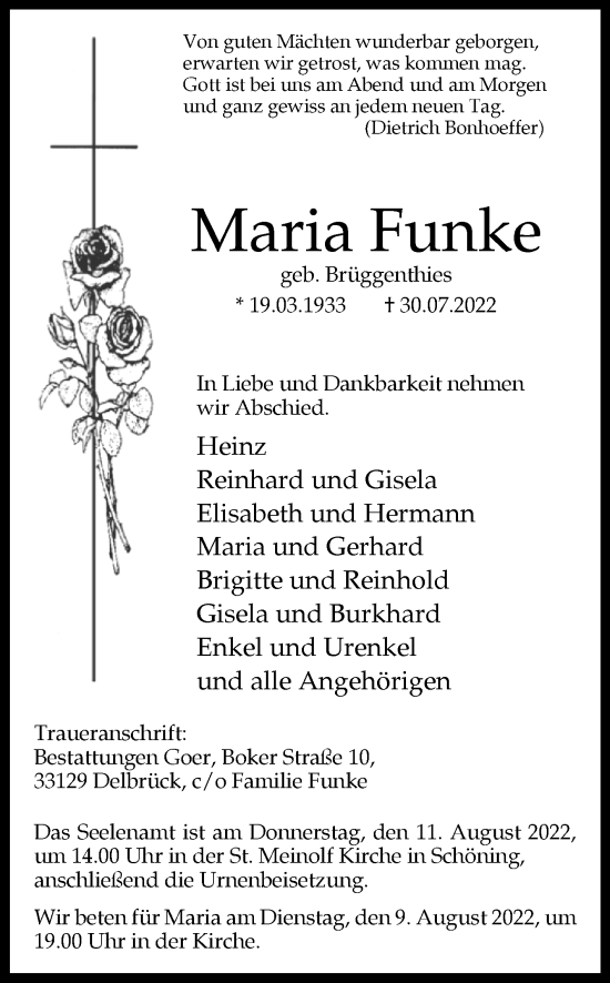 Traueranzeige von Maria Funke von Westfalen-Blatt