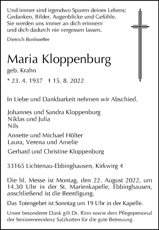 Traueranzeige von Maria Kloppenburg von Westfalen-Blatt