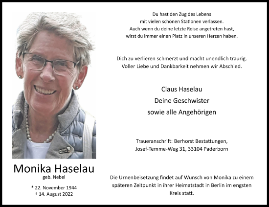 Traueranzeige von Monika Haselau von Westfalen-Blatt