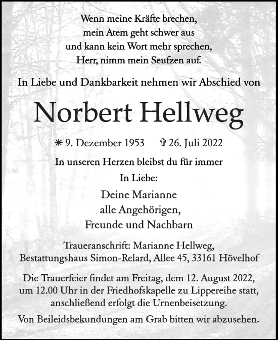 Traueranzeige von Norbert Hellweg von Westfalen-Blatt