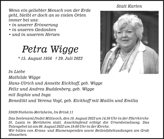 Traueranzeige von Petra Wigge von Westfalen-Blatt