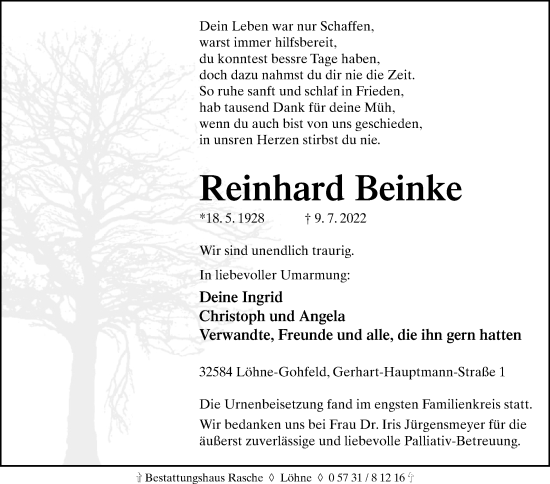 Traueranzeige von Reinhard Beinke von Westfalen-Blatt