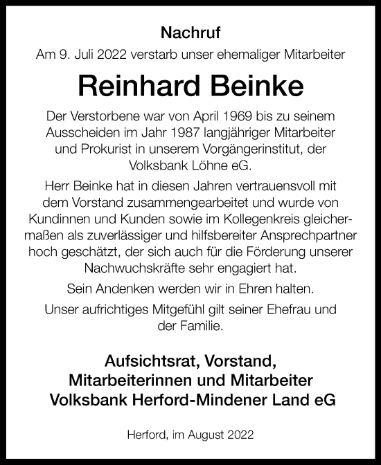 Traueranzeige von Reinhard Beinke von Westfalen-Blatt