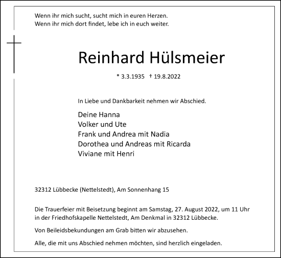 Traueranzeige von Reinhard Hülsmeier von Westfalen-Blatt