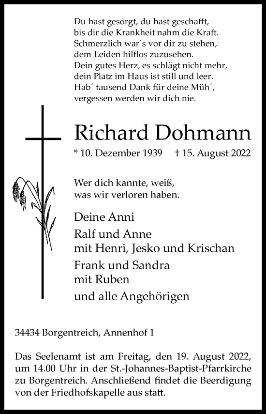 Traueranzeige von Richard Dohmann von Westfalen-Blatt