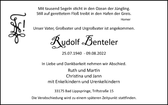 Traueranzeige von Rudolf Benteler von Westfalen-Blatt