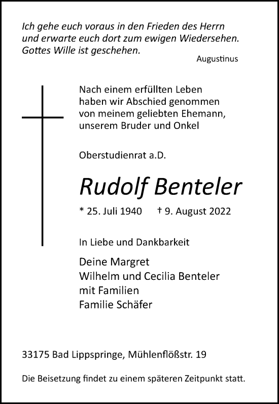 Traueranzeige von Rudolf Benteler von Westfalen-Blatt