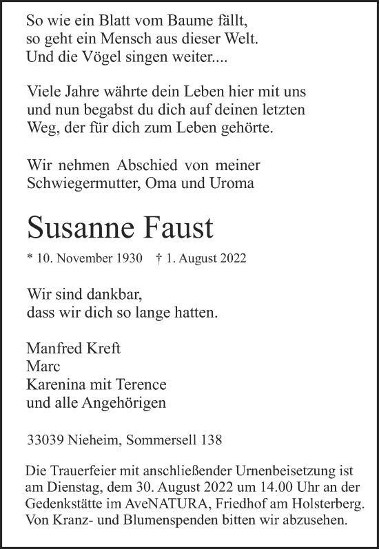 Traueranzeige von Susanne Faust von Westfalen-Blatt