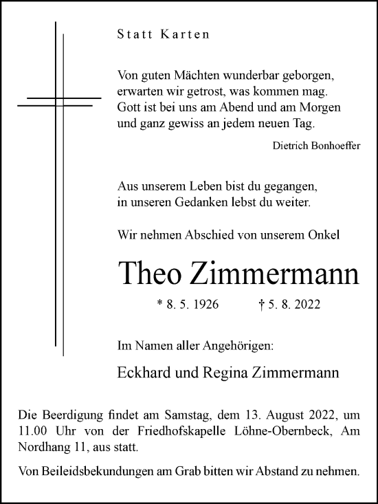 Traueranzeige von Theo Zimmermann von Westfalen-Blatt