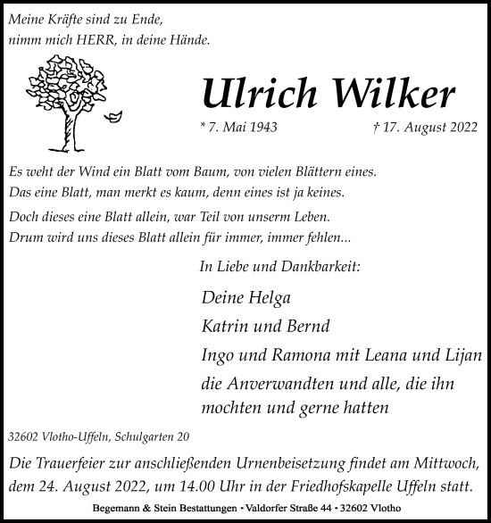 Traueranzeige von Ulrich Wilker von Westfalen-Blatt