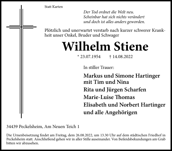 Traueranzeige von Wilhelm Stiene von Westfalen-Blatt