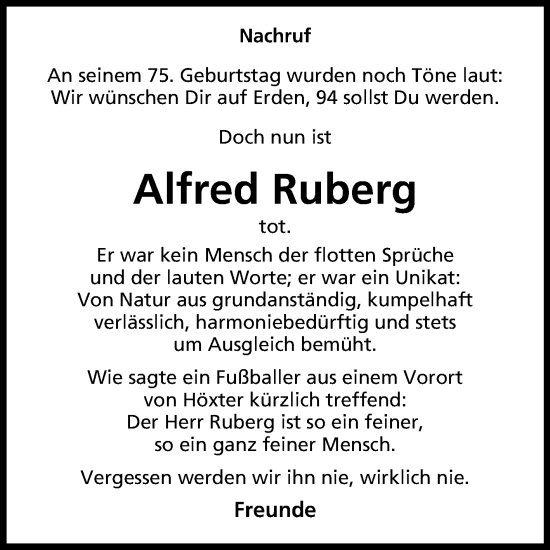 Traueranzeige von Alfred Ruberg von Westfalen-Blatt