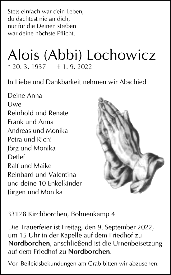 Traueranzeige von Alois Lochowicz von Westfalen-Blatt