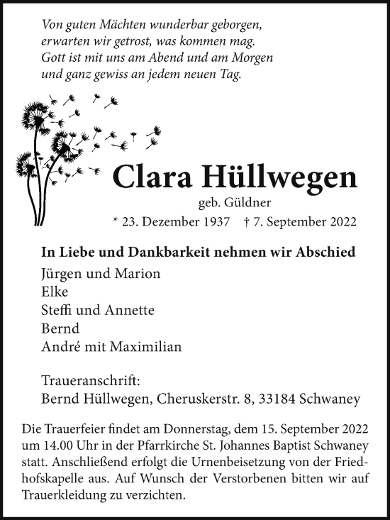 Traueranzeige von Clara Hüllwegen von Westfalen-Blatt