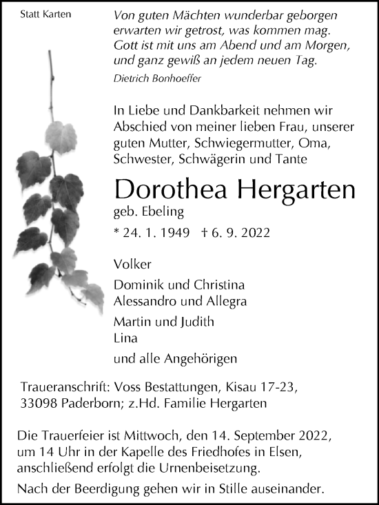 Traueranzeige von Dorothea Hergarten von Westfalen-Blatt