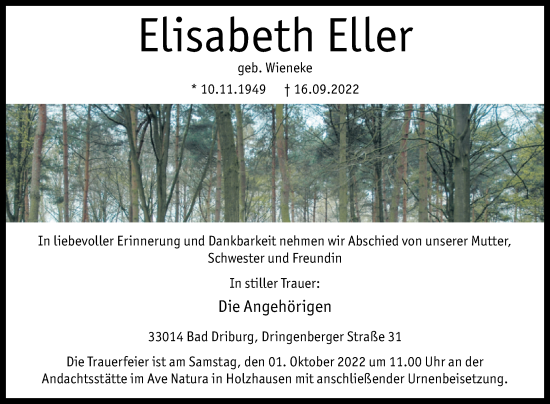 Traueranzeige von Elisabeth Eller von Westfalen-Blatt