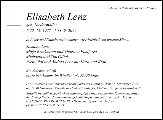 Traueranzeige von Elisabeth Lenz von Westfalen-Blatt