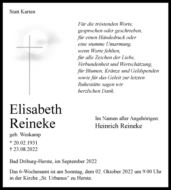 Traueranzeige von Elisabeth Reineke von Westfalen-Blatt