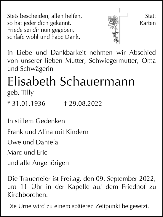 Traueranzeige von Elisabeth Schauermann von Westfalen-Blatt