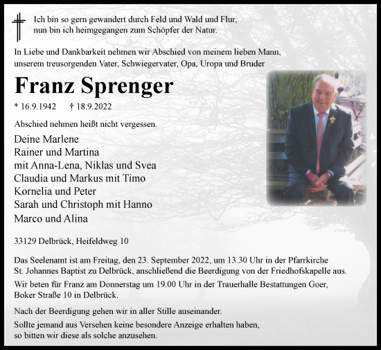 Traueranzeige von Franz Sprenger von Westfalen-Blatt