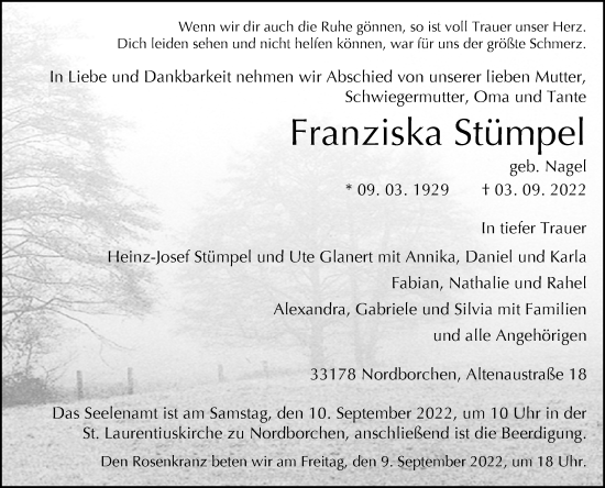 Traueranzeige von Franziska Stümpel von Westfalen-Blatt