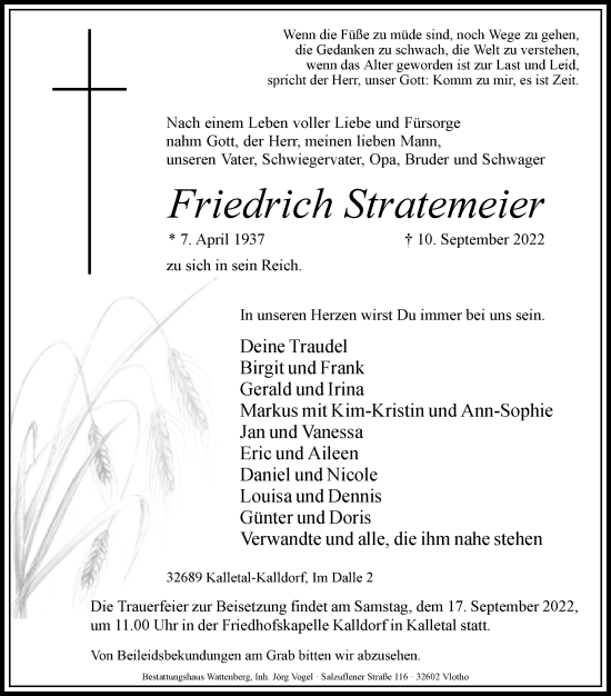 Traueranzeige von Friedrich Stratemeier von Westfalen-Blatt